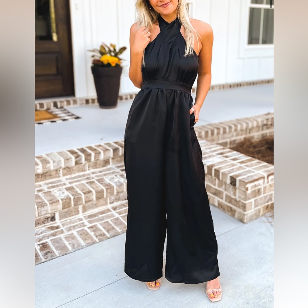 Black satin jumpsuit! Small